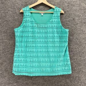 Charter Club Tank Women 1X Plus Blue Striped Crochet Lined Sleeveless Wide Strap